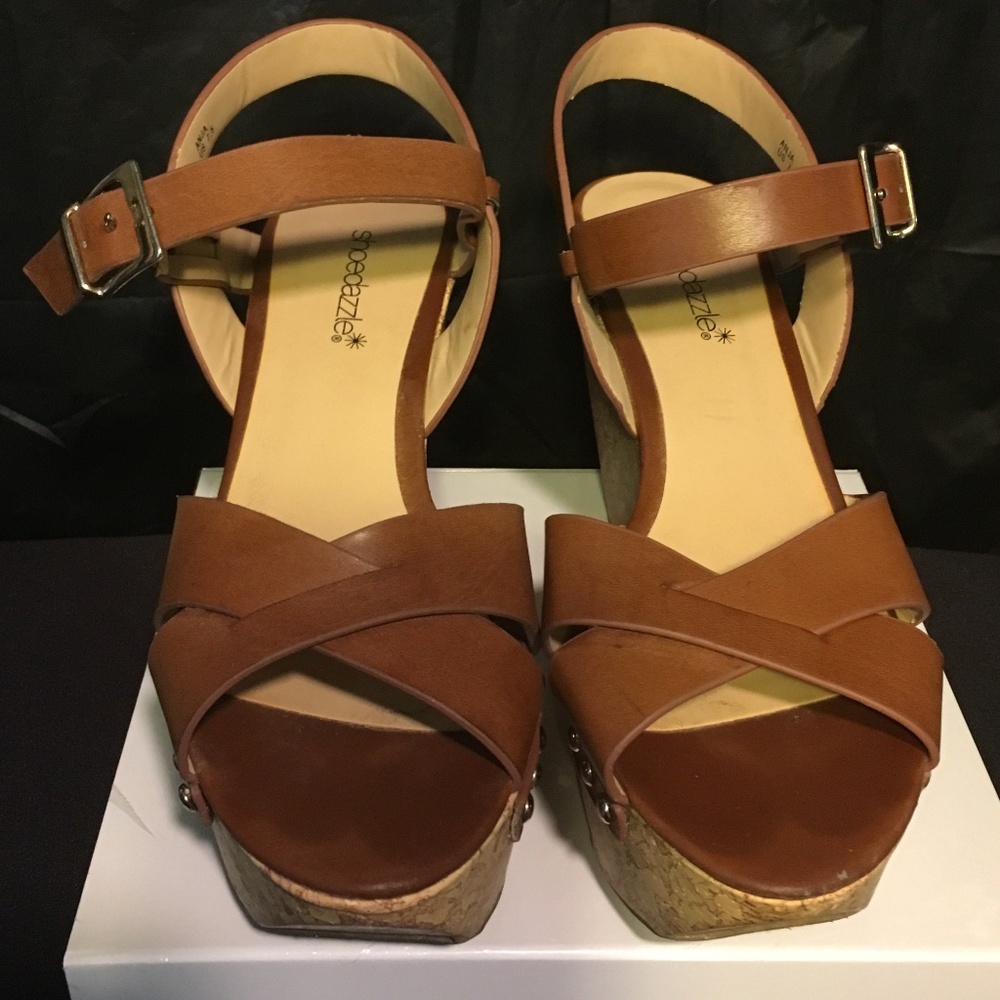 Shoedazzle Anja Brown Strap Sandal w/Cork Sole 7.5